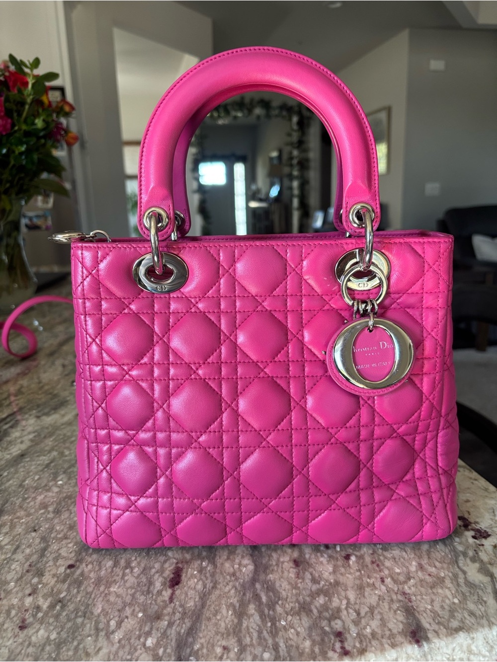 Christian Dior Medium Lady Dior Hot Pink Fuchsia Lambskin Silver Hardware